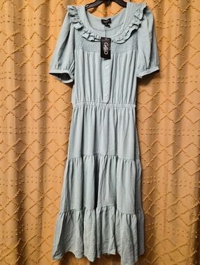 GiGiO Sage Green/Blue Ruffle-Trim Tiered Maxi Dress